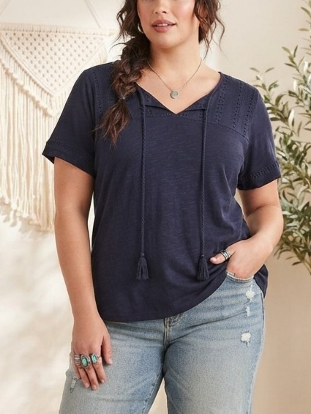 Hilary Radley  Eyelet Tie-Neck Short Sleeve Cotton Blend Top Large